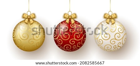 Christmas and New Year decor. Set of gold, white and red glass floral ornament balls on ribbon with bow. 3d realistic vector illustration isolated on white background.