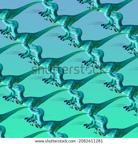 Pattern of dinosaurs on gradient green and blue background. Funny party