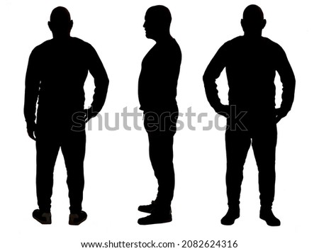front, back and side view of the silhouette of a man wearing casual clothes 