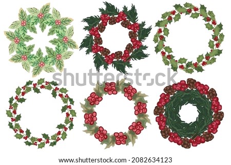 Set of christmas wreath with winter floral elements. Vector illustration.
