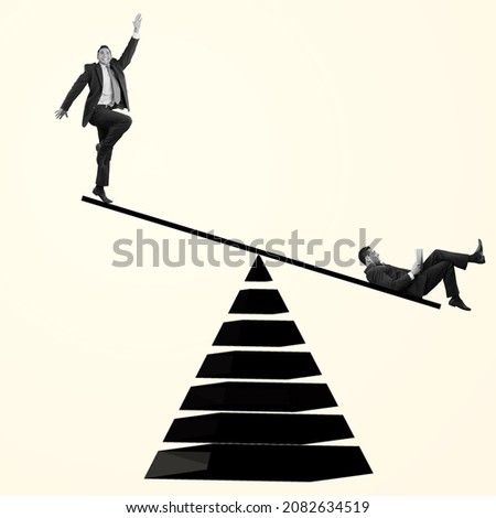 Keep balance in work tasks, goals. Young man, employee, office worker and mountain