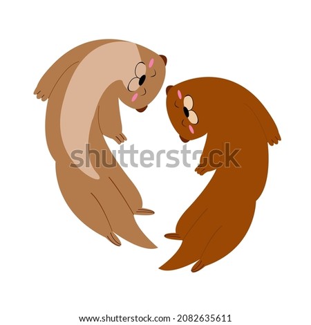 Two cute vector otters. Childish illustration isolated on white background.