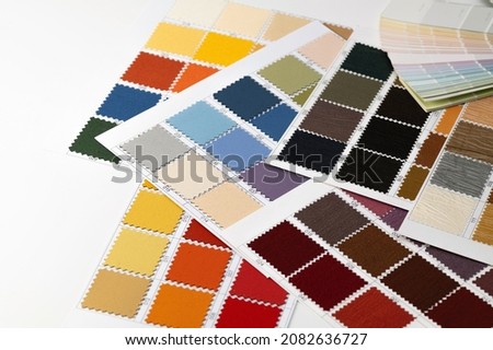 texture palette of fabric samples for selection, home design, textile material on white background close up