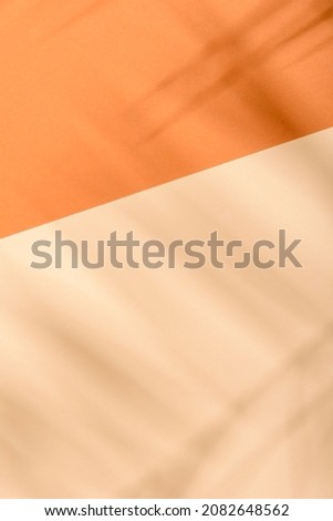 Warm orange and beige summer color background with tropical palm shadow. Two trend pastel paper and exotic plant shade layout. Minimal flat lay with leaf silhouette overlay. Royalty-Free Stock Photo #2082648562
