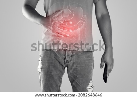 Illustration of internal organs is on the man body against the gray background. Peopel touching stomach painful suffering from enteritis. internal organs of the human body. Royalty-Free Stock Photo #2082648646