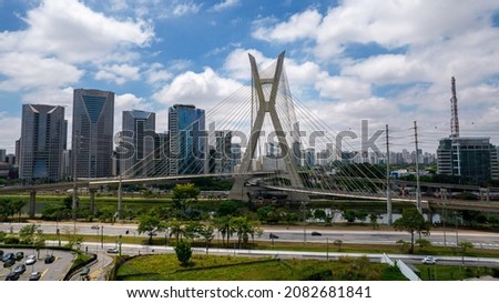 Estaiada's bridge aerial view in Marginal Pinheiros, São Paulo, Brazil. Business center. Financial Center. Famous cable stayed (Ponte Estaiada) bridge Royalty-Free Stock Photo #2082681841