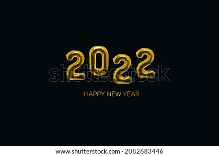 New Year's Eve 2022 on black background. Gold balloons 2022 with the text Happy New Year. Luxury gold holidays card for design