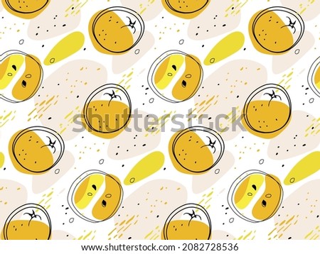 Tangerine or orange Abstract seamless pattern. Hand drawn whole and half fruits. Minimal organic shapes. Modern vector repeated background for wallpaper, wrapping, packing, textile, scrapbooking