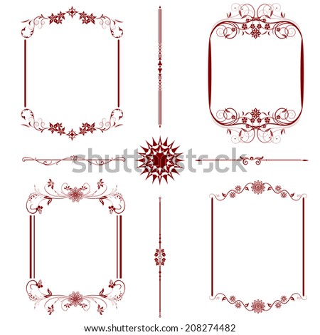 Vector set of decorative floral elements, corners, borders, frame. Page decoration.