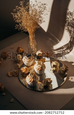Blueberry cupcakes in the setting rays of the sun, hard light and shadows, dried flowers