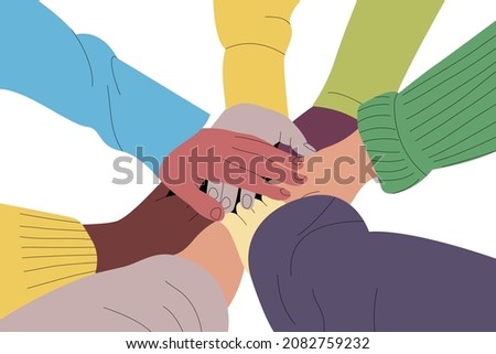 People with hands piled together. Multicultural friends of different colors and ethnicities cooperating. Living together in unity concept vector.