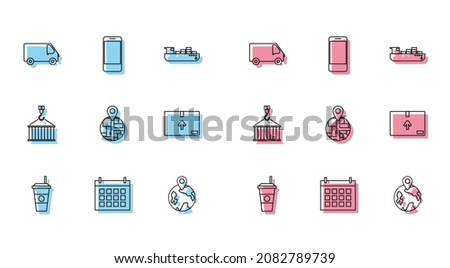Set line Coffee cup, Calendar, Delivery cargo truck vehicle, Worldwide, Cardboard box with traffic symbol, Container on crane and Mobile phone app delivery tracking icon. Vector