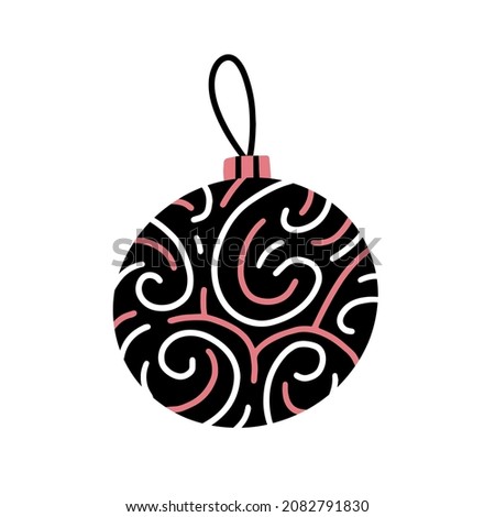 Multi-colored Christmas tree toy ball with different lines and in a simple doodle style. Vector illustration object isolated on white background.