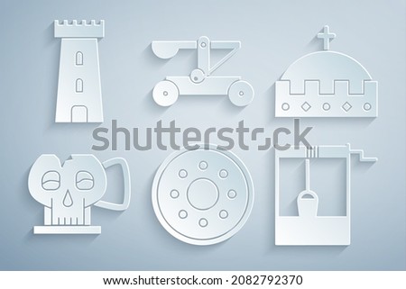 Set Round wooden shield, King crown, Cup from the skull, Well with bucket, Catapult shooting stones and Castle tower icon. Vector
