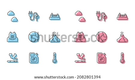 Set line Cigarette, Bio fuel canister, Cloud, Meteorology thermometer, Earth globe, Volcano eruption with lava, Polar bear head and Electric saving plug in leaf icon. Vector