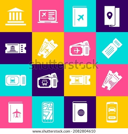Set Online car sharing, Museum ticket, Ticket, Cover book travel guide, Airline, building and  icon. Vector