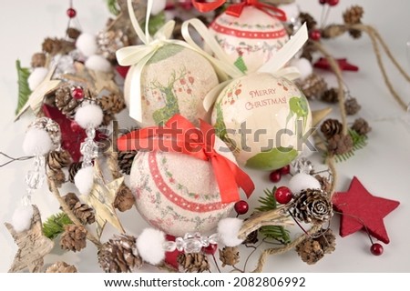 Christmas warm background with different ornaments and objects for creating.