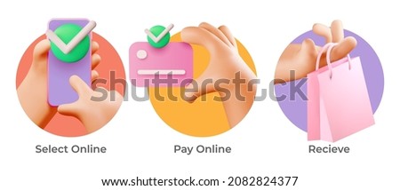 Online shopping and delivery icon set with 3d handy hands in colorful circles. Vector illustration Royalty-Free Stock Photo #2082824377