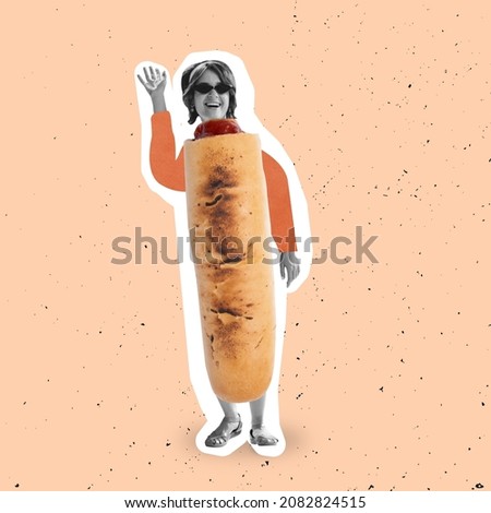 Fast street food. Junk food. Contemporary art collage of smiling woman in shape of hot-dog isolated over peach background. Concept of art, creativity, food, design. Copy space for ad