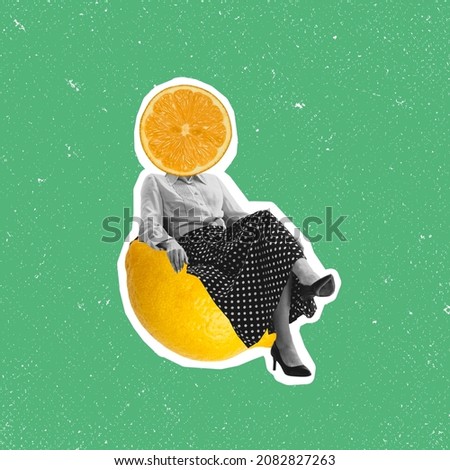 Citrus health care. Contemporary art collage of woman with lemon slice head sitting on lemon isolated over green background. Concept of art, creativity, food, design. Copy space for ad Royalty-Free Stock Photo #2082827263