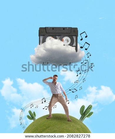 Contemporary art collage of artistic dancing man standing on green hill under playing music cassette isolated over blue background. Concept of art, music, fashion, party, creativity. Copy space for ad
