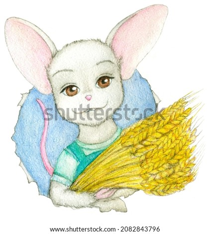 Series of 6 mice. Mouse agronomist with wheat spikelets, peeking out of the hole. Picture can be used as illustration for crosswords, puzzles, tasks, in postcards, printing, print on clothes, sticker,