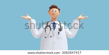 3d render. Cartoon character young man doctor with hands up isolated on blue background. Problem doubt choice concept