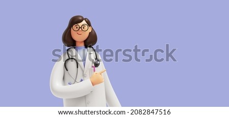 3d render. Cartoon character young caucasian woman doctor, wears glasses and uniform, shows direction with finger. Medical clip art isolated on blue violet background. Health care consultation