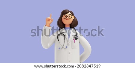 3d render. Cartoon character caucasian woman doctor wears glasses and uniform. Finger pointing up. Medical clip art isolated on blue violet background. Health care advice, medical science