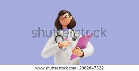 3d render. Cartoon character caucasian woman doctor holds clipboard, wears glasses and uniform. Medical clip art isolated on blue violet background. Healthcare consultation