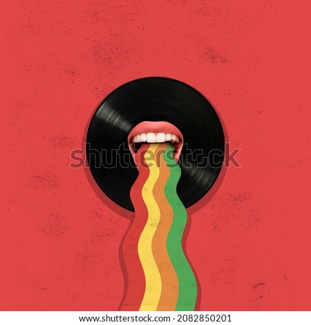 Retro style. Contemporary art collage of vinyl record with female mouth and rainbow path isolated over red background. Concept of art, music, fashion, party, creativity. Copy space for ad Royalty-Free Stock Photo #2082850201