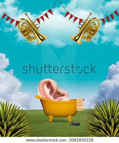 Music shower. Contemporary art collage of ear bathing in yellow bath around two golden trumpets isolated over nature background. Concept of art, music, fashion, party, creativity. Copy space for ad