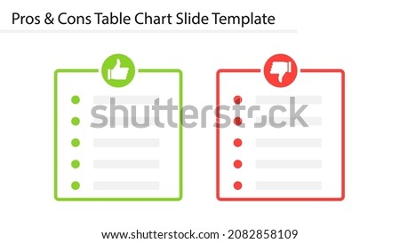 Pros and Cons table chart slide template. Clipart image