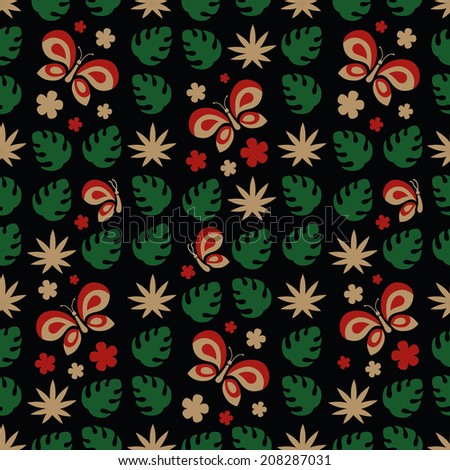 Seamless tropical floral pattern with butterflies and leaves on black background in vector 