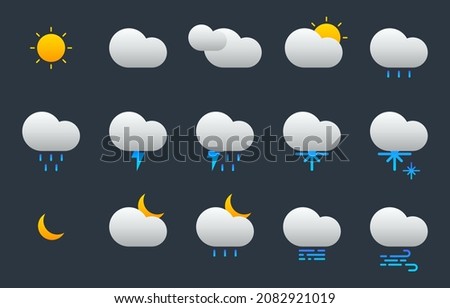 Weather forecast icon set. Meteorology elements in modern and minimal style. Sunny day, night, cloudy, rain, thunderstorm, snow, fog signs. Template design for web or mobile app, infographic. Vector