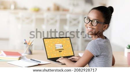 E-Learning Concept. Black Teenage Schoolgirl Study With Laptop At Home, Smiling African American Girl Sitting At Desk, Having Online Lesson On Computer During Covid-19 Pandemic, Creative Collage Royalty-Free Stock Photo #2082928717