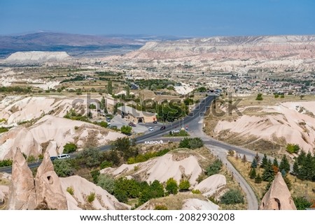 Panoramic view from Uchisar city in Cappadocia, Region of Turkey. A landscape of the Pigeon Valley