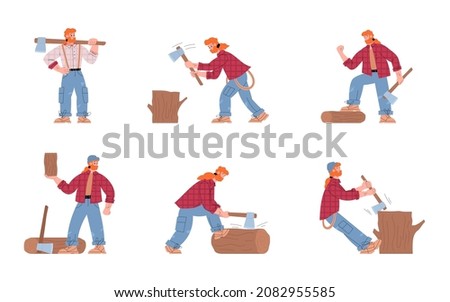 Set of male lumberjack cartoon characters holding axes, chopping wood in flat vector illustration isolated on white background. Collection of lumberjacks or lumberjacks with red hair in plaid shirt Royalty-Free Stock Photo #2082955585