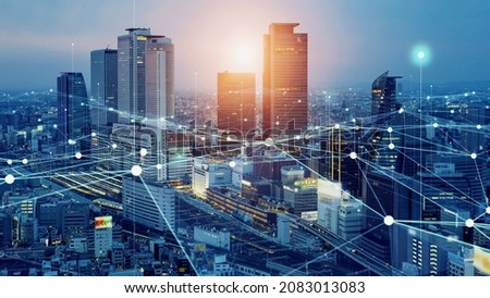 Smart city and communication network concept. 5G. IoT (Internet of Things). Telecommunication. Royalty-Free Stock Photo #2083013083