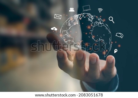 Man hand virtual world icon. Communication and use of modern Internet technology , Social Networking, online marketing, digital online. Concept technology.