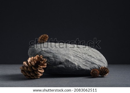 Product display black stone and cones on dark background. Background for perfume, jewellery and cosmetics. Winter minimal, creative mockup. Royalty-Free Stock Photo #2083062511