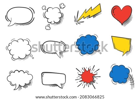 Retro blank comic speech bubbles and elements with halftone shadows on background. Blank dialog clouds in pop art style. Comics books. Black and white template. Vector illustration.