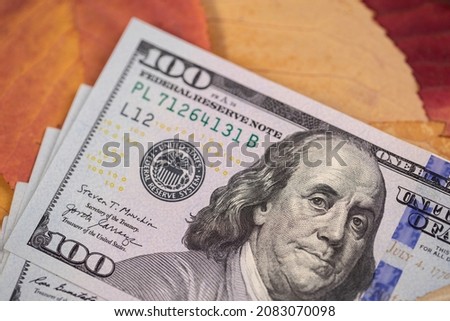 Several Hundred Dollar Bills on autumn leaves.