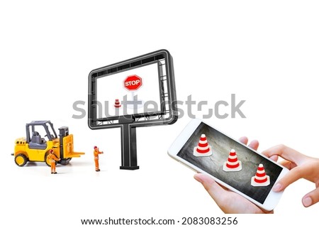 woman hand hold smart phone or cellphone  with stop sign isolated on white background.
