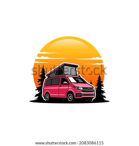 camper van with pop up - roof top tent illustration logo design