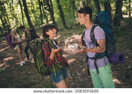 Photo of young best friends happy positive smile speak talk conversation wanderlust tourism expedition extreme outdoors