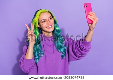 photo of youth vivid haired lady make v-sign take selfie smart phone blog wear sweater isolated over violet color background