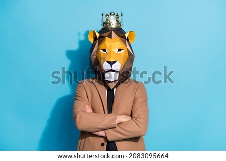 Photo of bizarre identity guy wear lion mask cross hands prepare theme party event service isolated over blue color background Royalty-Free Stock Photo #2083095664