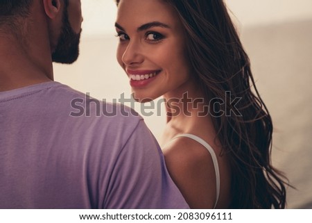 Photo of cheerful girlfriend look camera beaming smile hug boyfriend wear casual outfit nature seaside beach outdoors Royalty-Free Stock Photo #2083096111