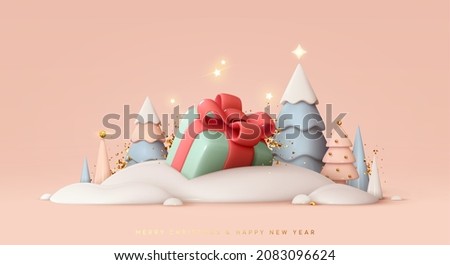 Merry Christmas and Happy New Year festive 3d composition with realistic Christmas trees, gifts box in snow drift, golden confetti. Xmas background winter nature, Holiday design. Vector illustration Royalty-Free Stock Photo #2083096624